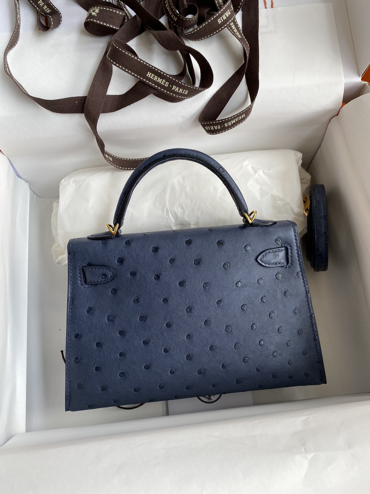 Hermes Kelly Mini II Bag 19CM In Blue Iris Ostrich Leather